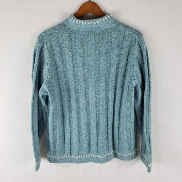 Woolrich Sweater Women L Petite Wool Blend Cross Stitch Knit Ribbed Aqua - Picture 3 of 6